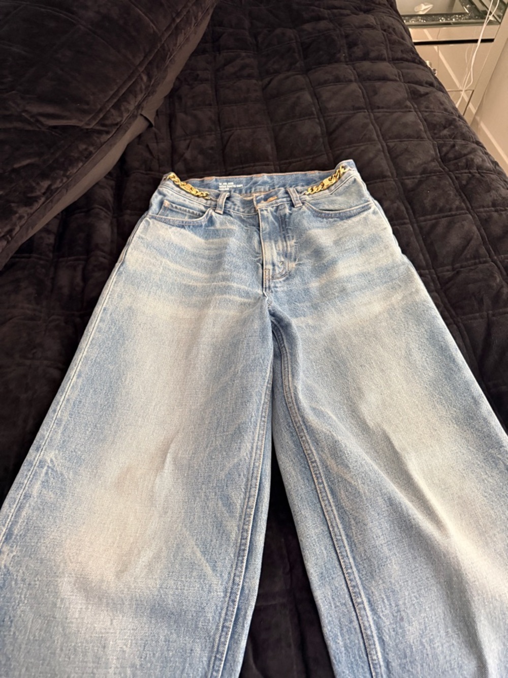 Celine Light Blue Wide-Leg Jeans with Gold Chain Detail